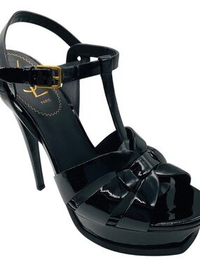 YVES SAINT LAURENT RIVE GAUCHE BLACK PATENT LEATHER TRIBUTE SANDALS